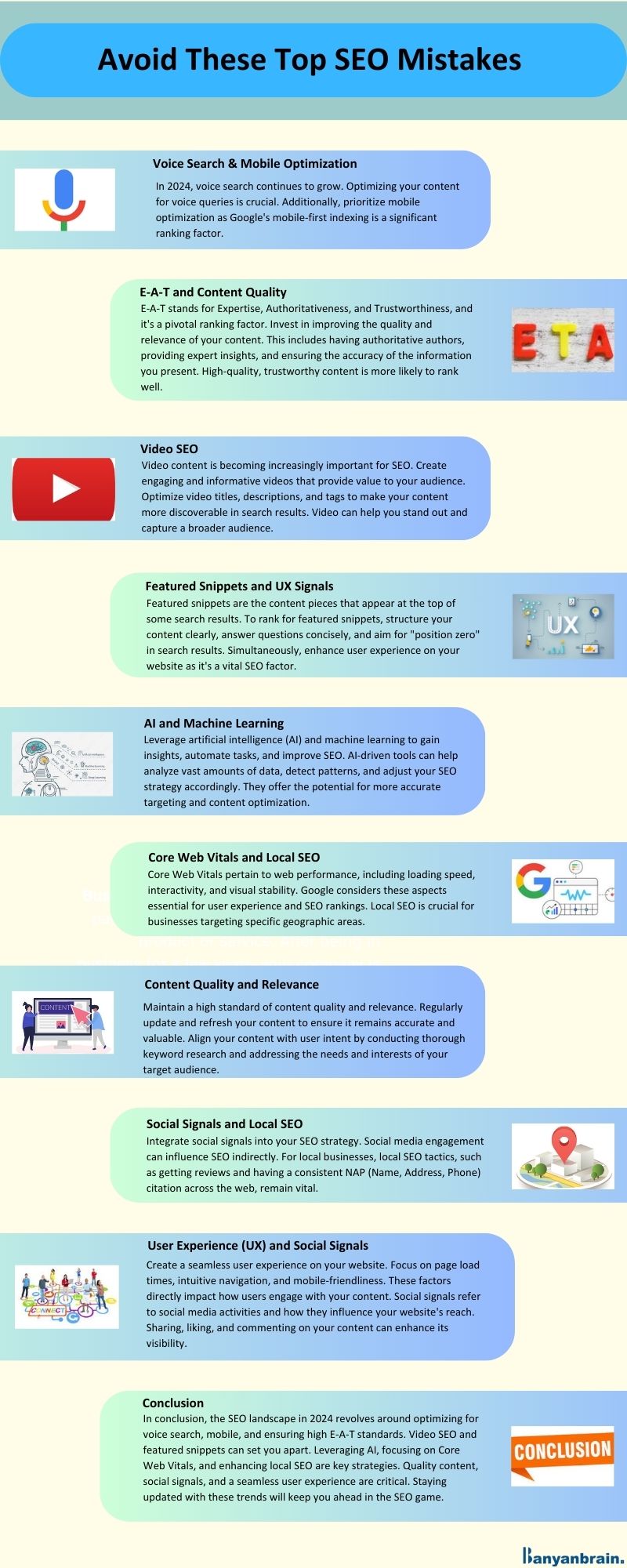 Infographic illustrating the top 10 SEO mistakes, including keyword stuffing, neglecting mobile optimization, ignoring metadata, skipping quality content, overlooking analytics, poor link practices, not utilizing social media, forgetting local SEO, slow site speed, and failing to update regularly.
