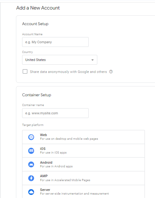 Steps to create an account in GTM